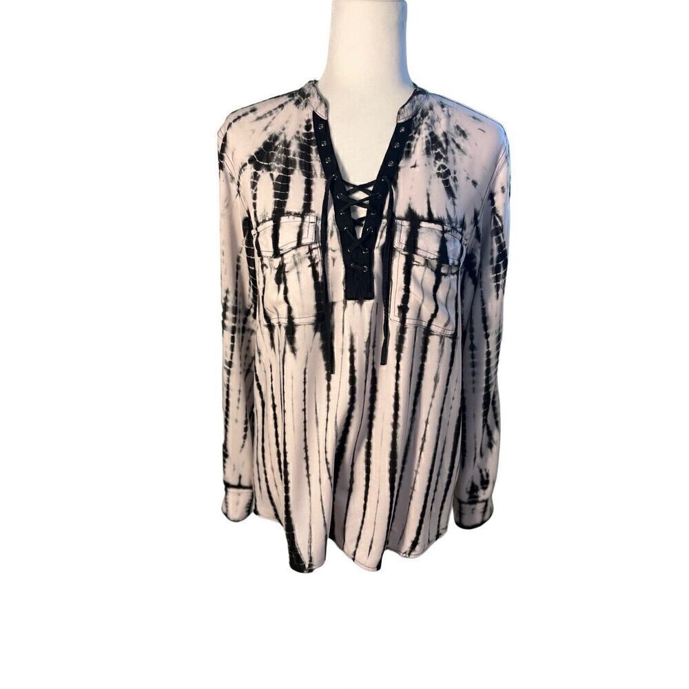 Tie-Dye Lace-Up V-Neck Women's Top - Black and White